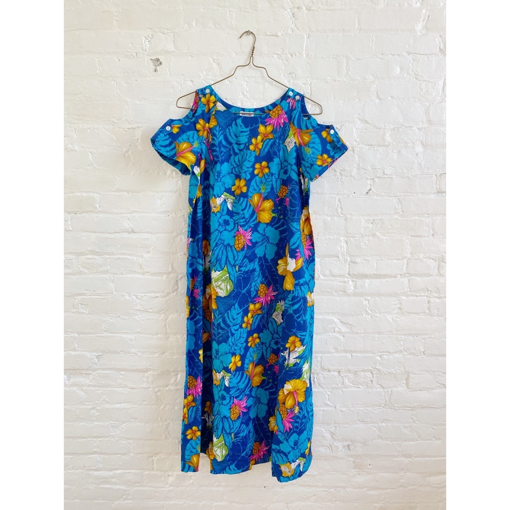Vintage 60s Blue Hawaiian Maxi Dress